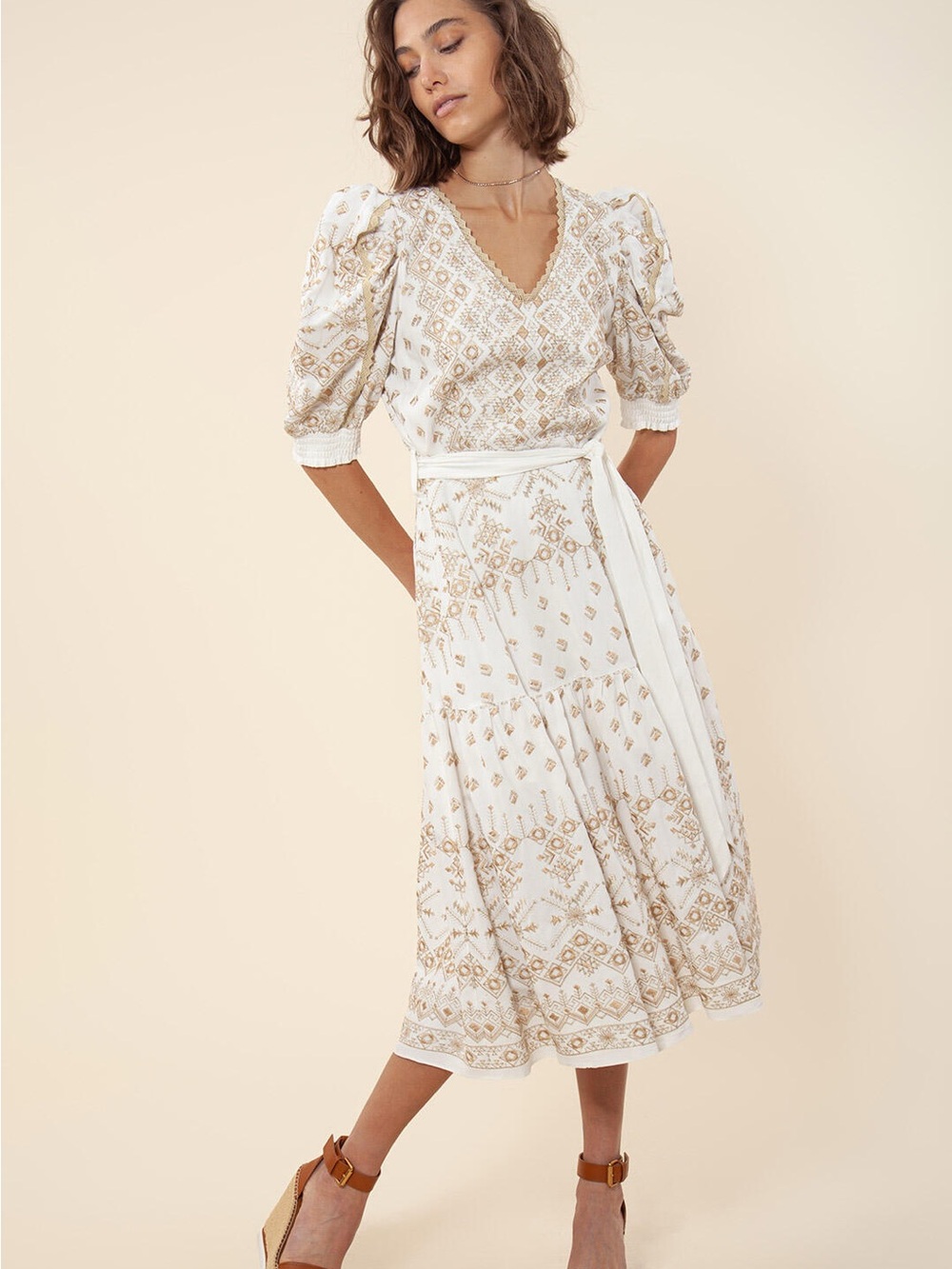 Hale Bob NWT Logan Embroidered White Midi Dress with Gold Embroidery Small